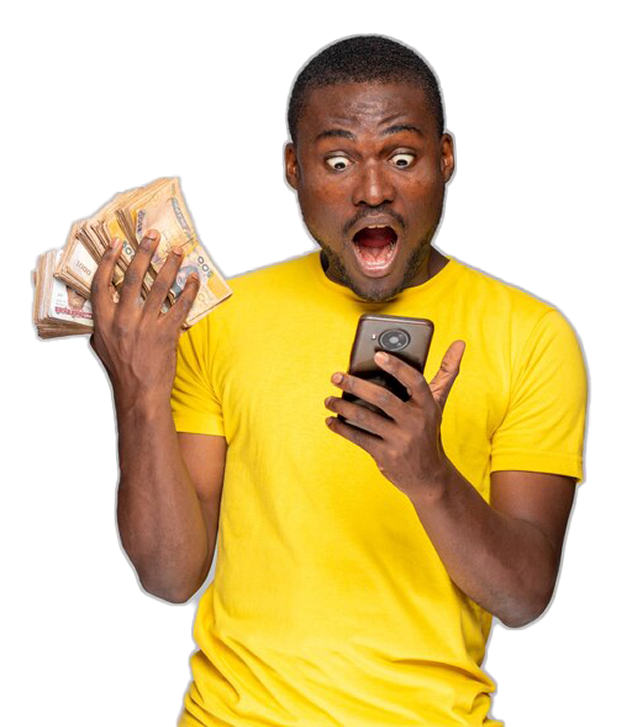 Excited person holding money and a phone